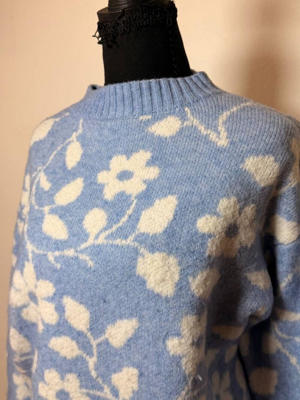 Francesca's Blue Floral Mock Neck Sweater Cottagecore Style Cozy Knit M - Picture 2 of 6